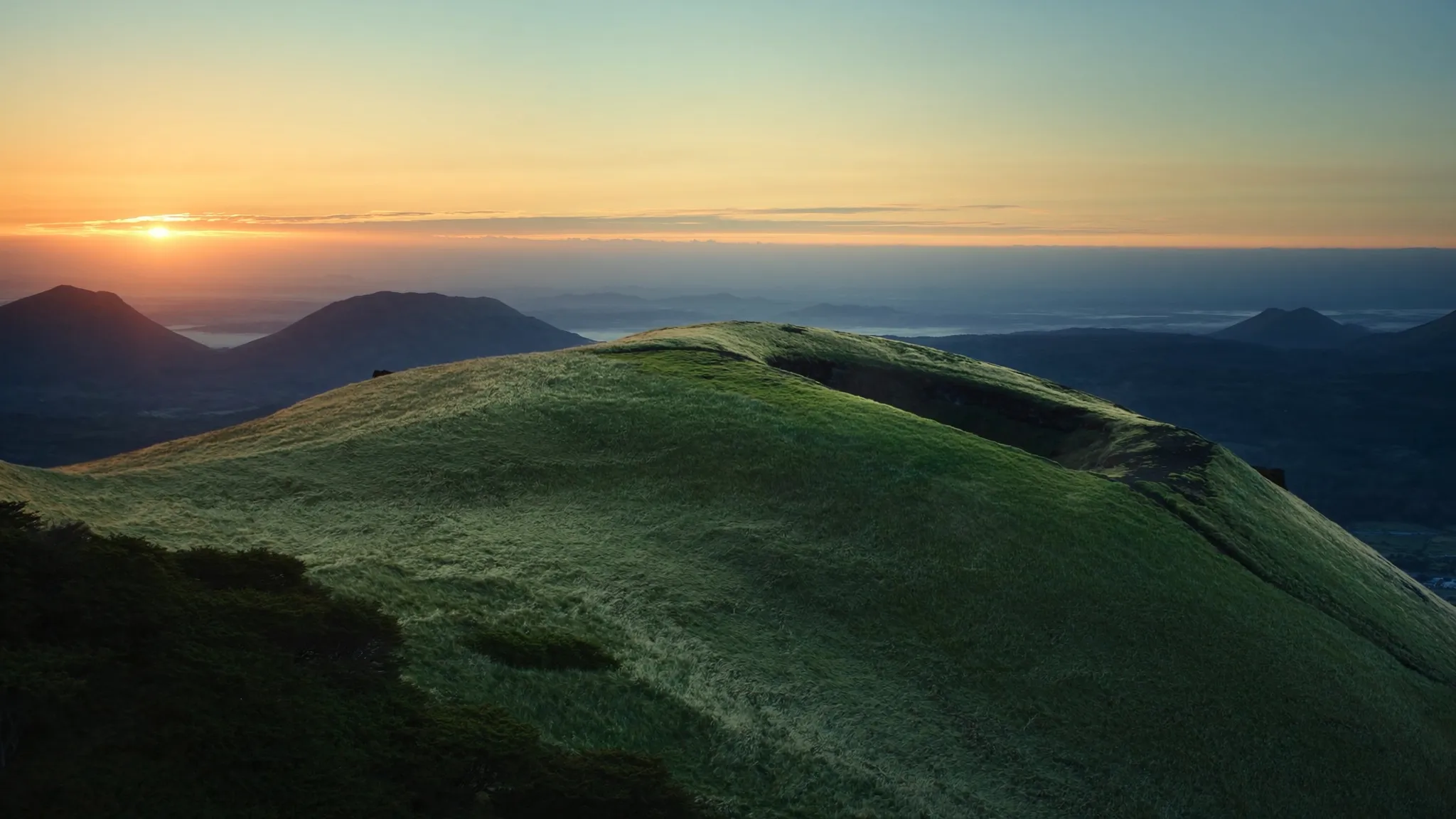 Aerial view of a volcanic oreum at dawn